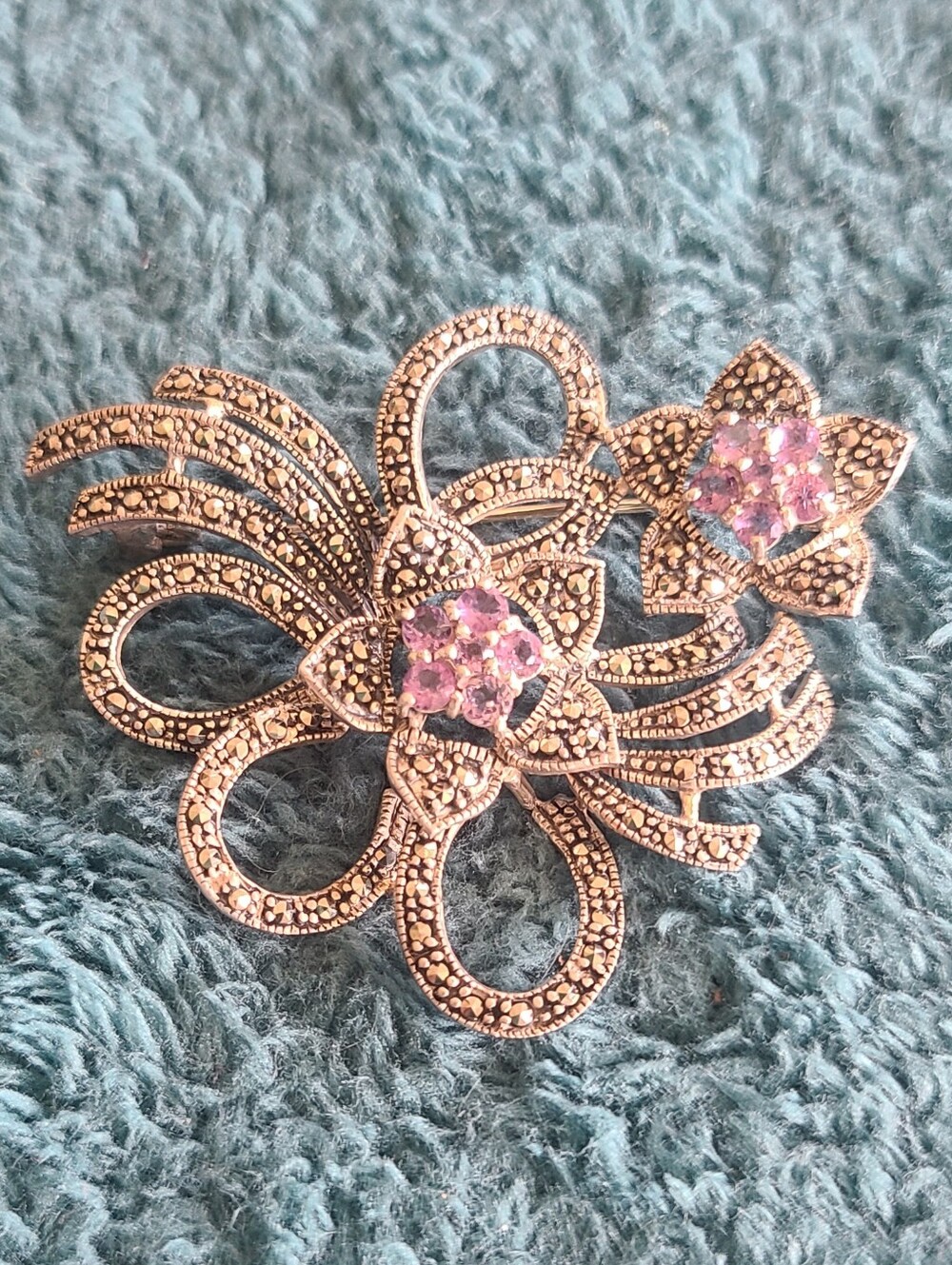 Sterling Silver Floral Marcasite Brooch with Amethyst Crystal Clusters